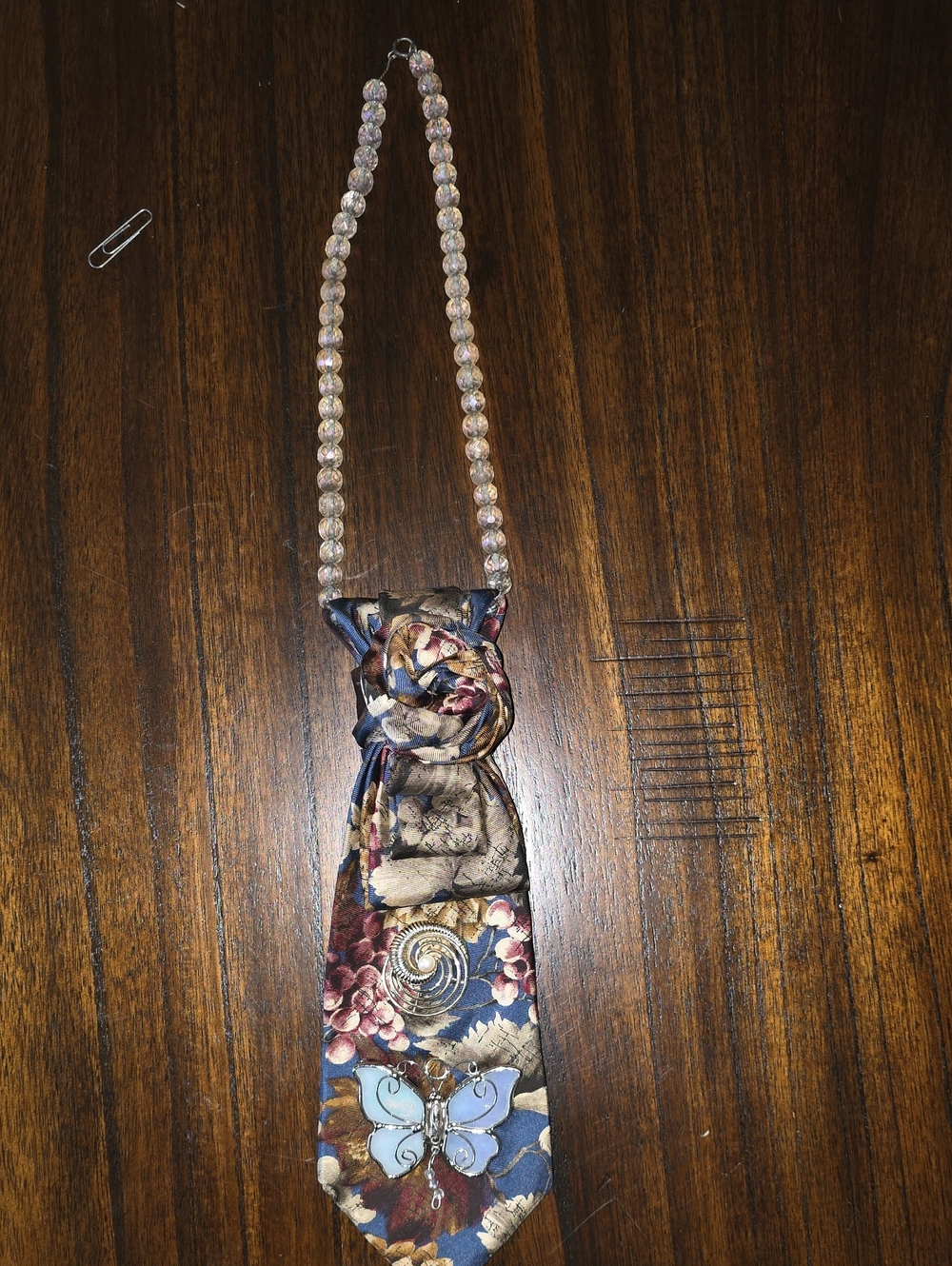 H by Halston Navy, Cream and Pink Floral Hair Tie Necklace with Bead Chain